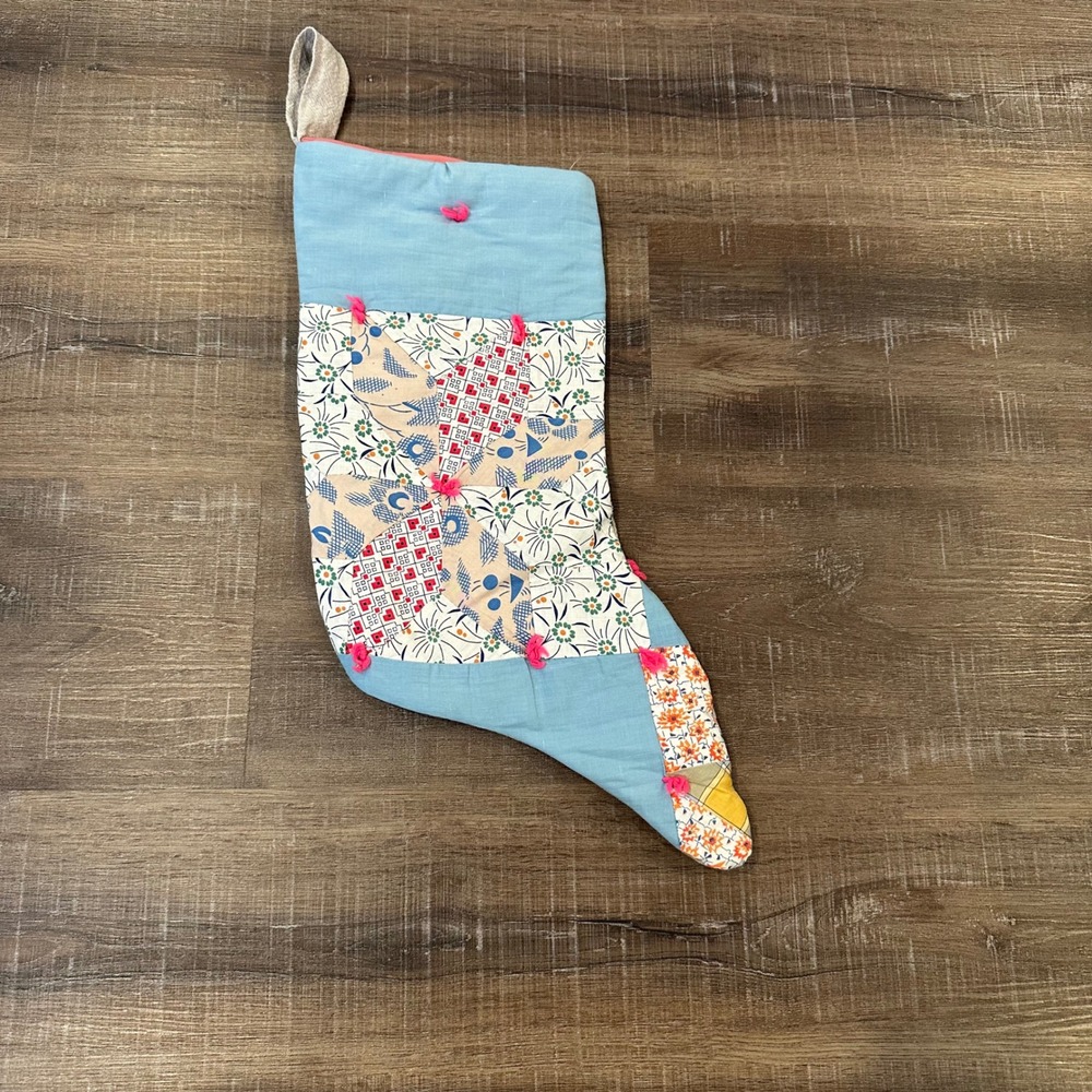 Handmade Vintage Patchwork Quilt Christmas Stocking Blue Pink Floral Cottagecore